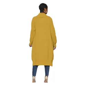 Back view of a stylish solid mustard yellow long knitted cardigan coat for women.