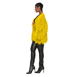 Detailed view of yellow knitted fringe cardigan jacket with vibrant tassel texture.