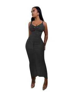 Elegant black ribbed knit hollow-out camisole maxi dress for women's casual beachwear