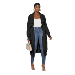 Detailed view of women's long black knitted cardigan jacket with a casual open front design
