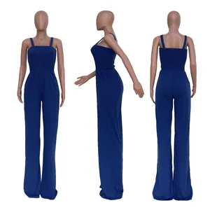 Royal blue sleeveless wide-leg jumpsuit with smocked bodice front back side views