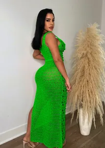Sexy neon green hollow-out crochet knitted sleeveless beach maxi dress for women fashion.