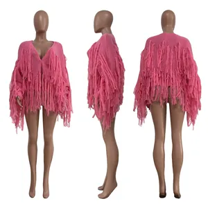 Front, side, and back views of a pink knitted fringe cardigan with long tassels