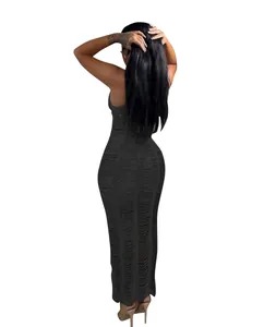Detailed back view of a black knit hollow out maxi dress for beach and casual wear