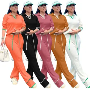 Ensemble Top And Bottom Décontracté en Tricot de Polyester pour Femmes Haut à Col Polo Manches Longues Pantalon Large à Cordon Taille Haute