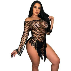 Sexy black hand-knitted fishnet beach dress with long tassels and wide mesh details