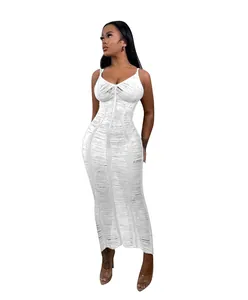 Sexy white knit hollow-out sleeveless maxi beach dress for women