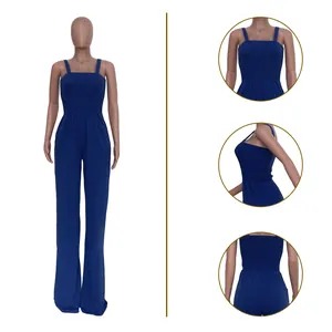 Detail shots of a navy blue sleeveless wide leg jumpsuit featuring a smocked bodice