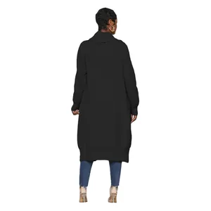 Back view of a women's black long knit cardigan with a ribbed texture and oversized collar.