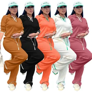 Ensembles de détente en tricot côtelé pour femmes avec pantalons larges et hauts polo