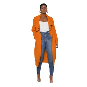 Stylish orange long-line oversized knit cardigan jacket for women, casual open front style