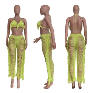 Ensemble bikini et pantalon de plage au crochet vert citron avec franges sous trois angles