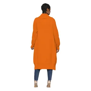 Full back view of a long casual orange knit cardigan featuring a ribbed hemline and collar