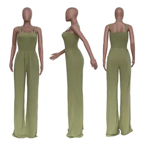 Detailed views of women's olive green smocked bodice cami wide-leg jumpsuit from three angles