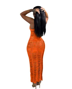 Close-up back view of a vibrant orange knitted hollow-out strap beach maxi dress.