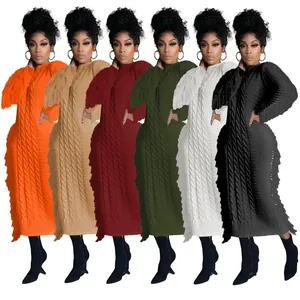 Stylish women's cable knit maxi sweater dress with side fringe detail in six colors