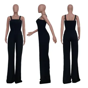 Detailed views of a black sleeveless wide leg jumpsuit from front, side and back angles.