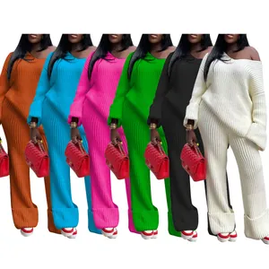 Women's Casual Ribbed Knit Top And Wide Leg Pants Two-Piece Outfit Solid Color Loose Fit Pullover Sweater Loungewear
