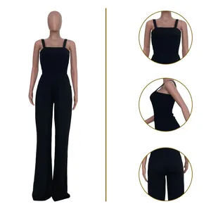 Close-up details of a black solid color sleeveless wide-leg jumpsuit for women.