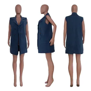 Chaleco largo de punto sin mangas para mujer en azul liso con cierre de botones