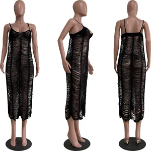 Black distressed knit cover-up dress with spaghetti straps shown from multiple views.