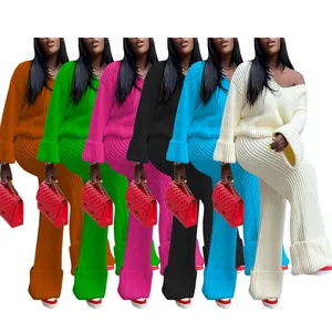 Multi-color women's loose knit set featuring a V-neck sweater and matching wide-leg pants