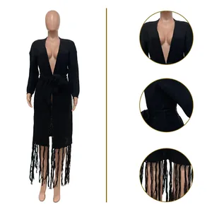 Detail shots of black long-sleeved knitted cardigan featuring tie-waist and long fringe hem