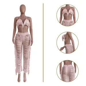 Ensemble bikini et pantalon de plage en maille rose à franges, vues multiples