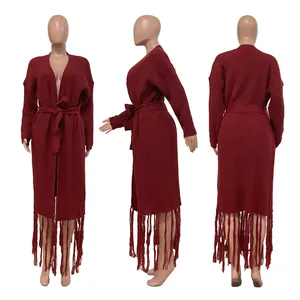 Long burgundy knit cardigan with fringe hem and waist tie, front side back views.