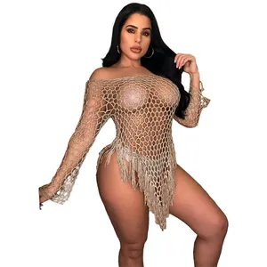Sexy off-shoulder hand-knitted crochet mesh beach dress with tassels and sleeves