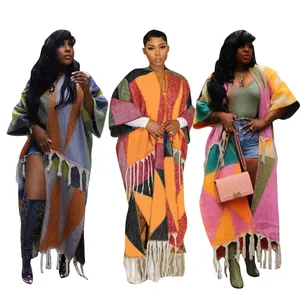 Cardigan en Maille Décontracté pour Femmes Motif Géométrique Bloc de Couleur Glands Franges Long Ouvert Devant Pull Style Boho Vintage
