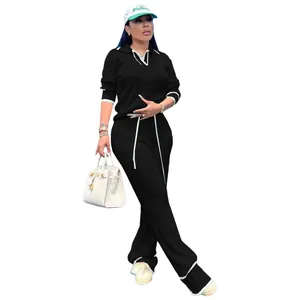 Ensemble décontracté deux pièces en maille noire avec haut polo et pantalon large