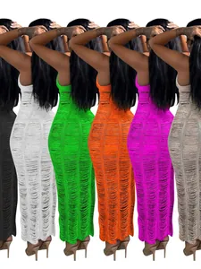Sleeveless solid color knit hollow-out maxi beach dress for women in multiple vibrant colors