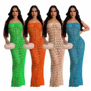 Women's Sexy Off-The-Shoulder Sequin Hollow Out Knit Beach Maxi Dress Vacation Sleeveless Knitted Slim Fit Long Party Dress