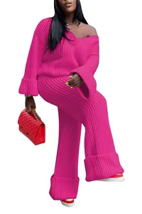Fuchsia ribbed knit two-piece set featuring an off-shoulder top and wide-leg pants