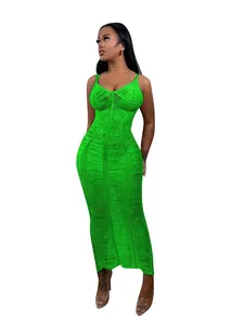Sexy bright green knitted hollow-out sleeveless strappy maxi beach dress in front view
