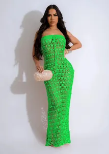 Detailed shot of the lime green sequined crochet knit maxi beach dress for summer