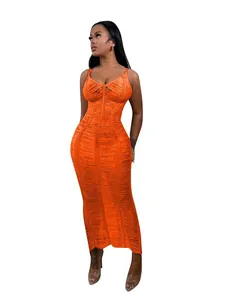 Vibrant orange hollow-out knitted bodycon maxi beach dress for women's summer vacation