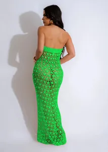 Neon green sequined crochet maxi beach cover up dress with sexy hollow out pattern
