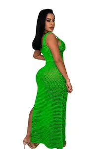 Hand-knitted green sequin crochet maxi beach dress with sexy hollow out design