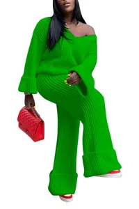 Vibrant green two-piece knit lounge set featuring a V-neck sweater and wide-leg pants