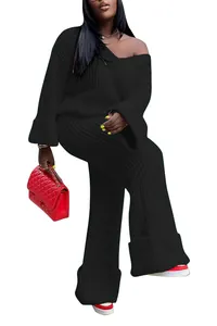 Casual two-piece black knit lounge set for women featuring loose fit and wide legs