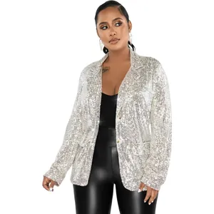 Veste blazer argentée à paillettes pour femme avec finition métallique brillante