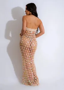 Elegant back view detail of crocheted sequin hollow beach dress swimsuit cover-up for women