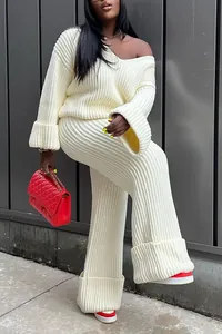 Detailed view of trendy cream white chunky knit lounge sweater and pants set for women