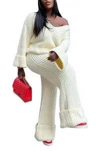 Detail showing texture of cream ribbed knit 2-piece lounge set with oversized top