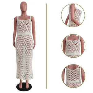 Detailed macro views and full-length shot of handmade crochet sequin beach maxi dress