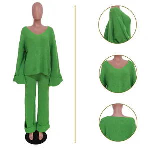 Detailed shots of a loose green knitted two-piece set for women featuring a V-neck sweater