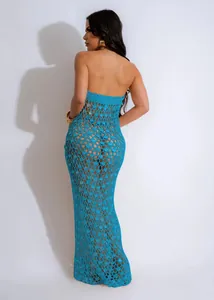 Detailed back view of a blue sequined crochet hollow-out beach maxi dress for women.