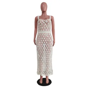 Sleeveless sexy hollow out crochet knit maxi beach dress with shimmering sequins